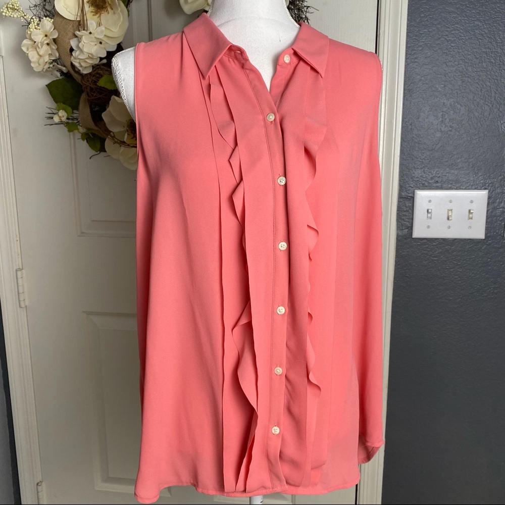 Loft Coral Ruffle Front Sleeveless Button Down